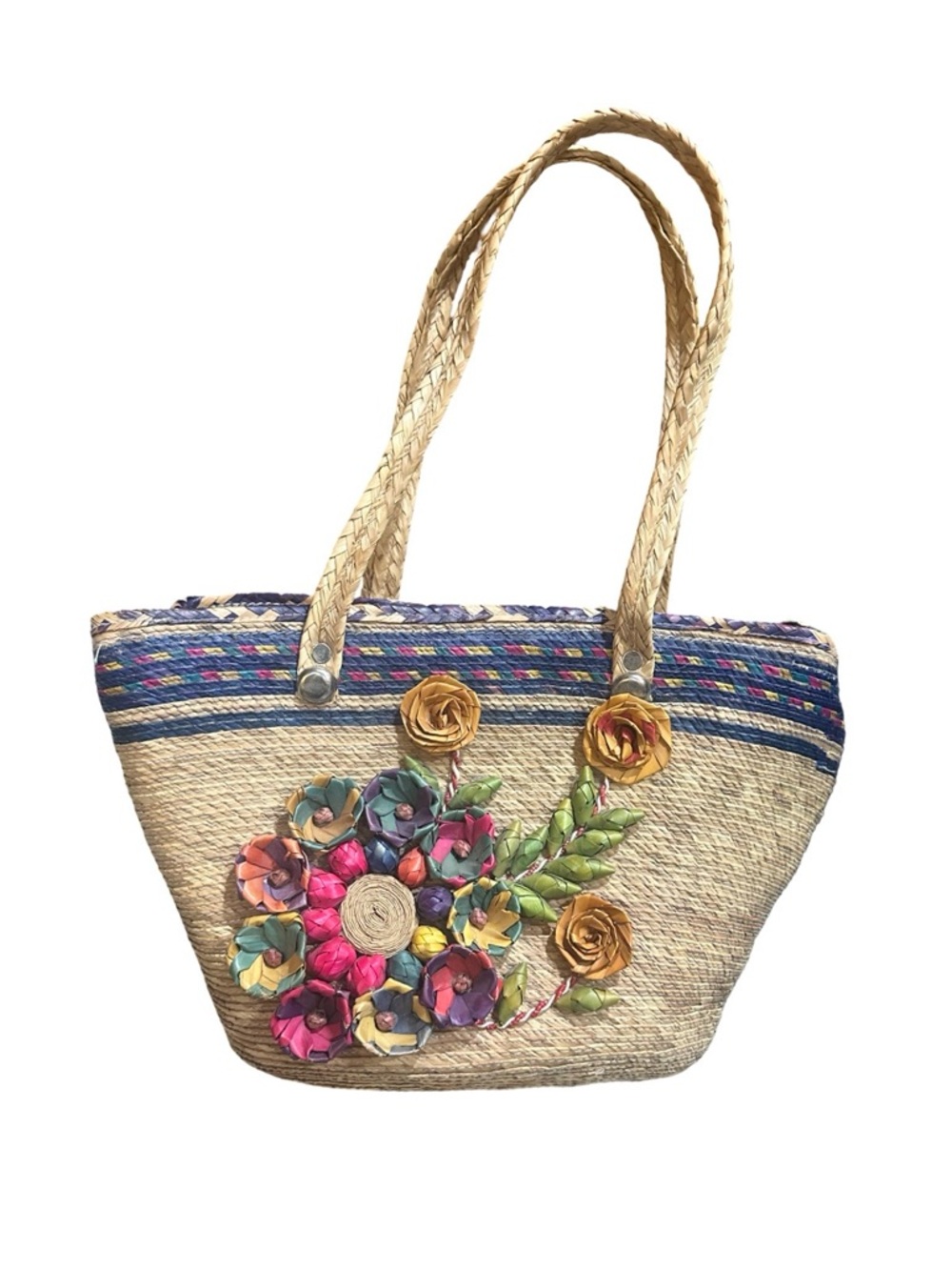 Woven Straw Floral Tote Bag in Natural with Multicolor Accents